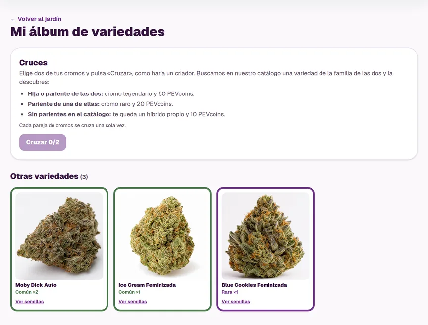 Álbum de variedades del jardín de Pevgrow con instrucciones para cruzar cromos y tarjetas de Moby Dick Auto, Ice Cream y Blue Cookies.
