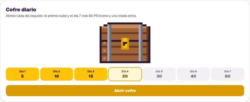 Panel «Cofre diario» con un cofre pixelado, recompensas para siete días, el día 4 resaltado y un botón «Abrir cofre».
