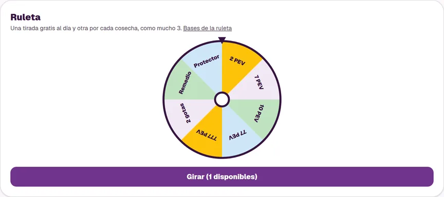 Ruleta del jardín de Pevgrow con premios de PEVcoins, gotas, remedio y protector, y botón «Girar» con una tirada disponible.
