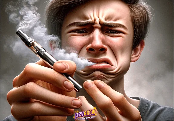 Joven con el ceño fruncido y gesto de desagrado mientras sostiene un vapeador del que sale una nube de vapor. Joven con el ceño fruncido y gesto de desagrado mientras sostiene un vapeador del que sale una nube de vapor.