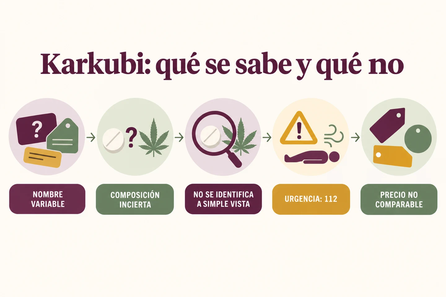Infografía sobre el karkubi: nombre variable, composición incierta, identificación visual limitada, urgencias y precio no comparable.