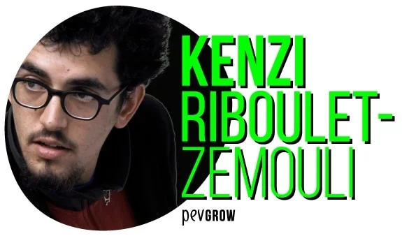 Retrato circular de un hombre con gafas y barba junto al nombre Kenzi Riboulet-Zemouli en grandes letras verdes.