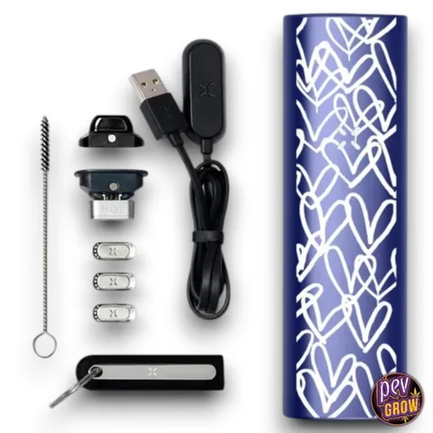 Vaporizador azul con trazos blancos junto a un cable USB, un cepillo y varias piezas y accesorios dispuestos sobre fondo blanco.