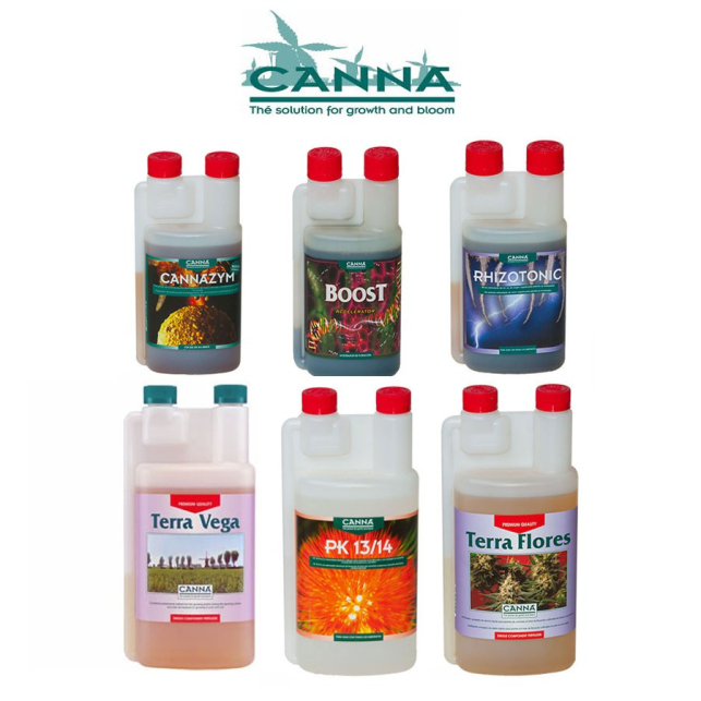 Seis envases CANNA en dos filas: Cannazym, Boost, Rhizotonic, Terra Vega, PK 13/14 y Terra Flores, bajo el logotipo de la marca. Seis envases CANNA en dos filas: Cannazym, Boost, Rhizotonic, Terra Vega, PK 13/14 y Terra Flores, bajo el logotipo de la marca.