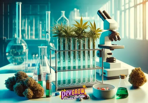 Escena de laboratorio con microscopio, tubos de ensayo con hojas de cannabis, cogollos y recipientes con líquidos de colores. Escena de laboratorio con microscopio, tubos de ensayo con hojas de cannabis, cogollos y recipientes con líquidos de colores.