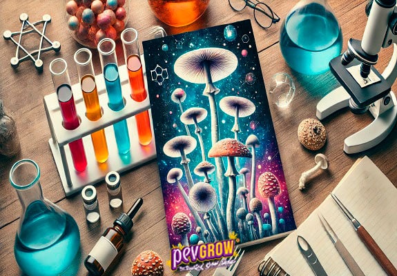 Composición ilustrada de laboratorio con tubos de líquidos de colores, microscopio y una lámina central de setas sobre fondo cósmico. Composición ilustrada de laboratorio con tubos de líquidos de colores, microscopio y una lámina central de setas sobre fondo cósmico.