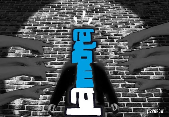 Montaje con una figura de traje y un símbolo tipográfico azul y blanco por cabeza, rodeada de manos que la señalan ante un muro de ladrillos. Montaje con una figura de traje y un símbolo tipográfico azul y blanco por cabeza, rodeada de manos que la señalan ante un muro de ladrillos.