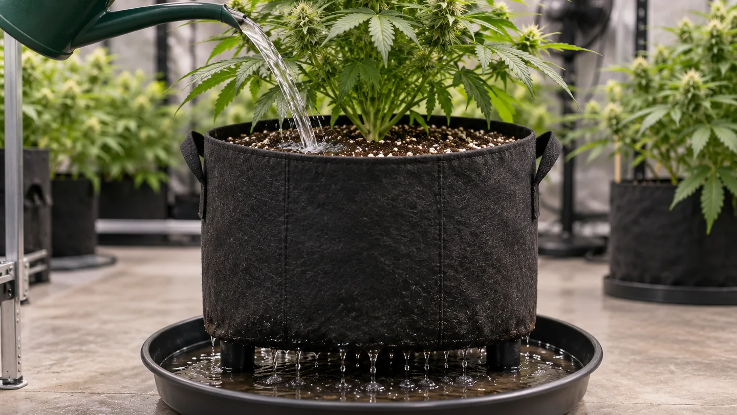 Regadera vertiendo agua en una maceta de tela con una planta de cannabis mientras el agua sale por debajo hacia un plato