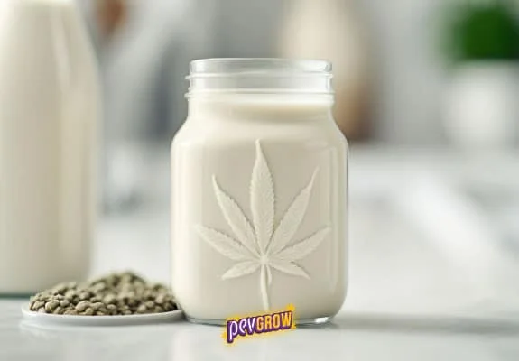 Tarro con bebida blanca y una hoja de cannabis en relieve, junto a un plato de semillas y una botella desenfocada. Tarro con bebida blanca y una hoja de cannabis en relieve, junto a un plato de semillas y una botella desenfocada.