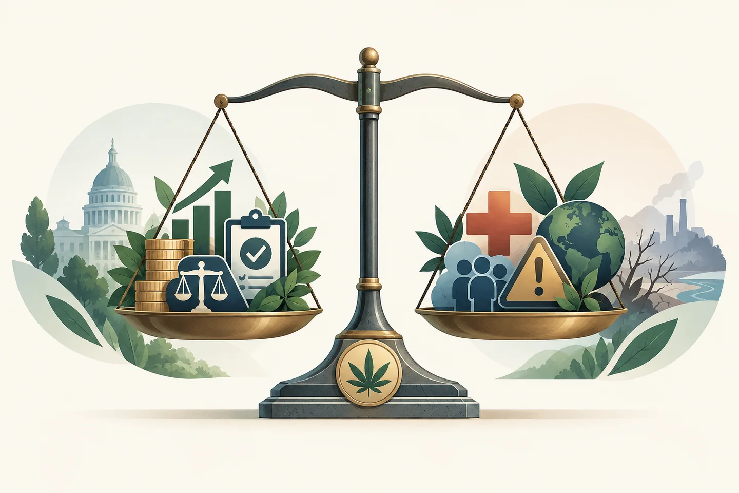 Balanza con una hoja de cannabis: monedas y símbolos legales en un platillo; salud, personas, planeta y advertencia en el otro.