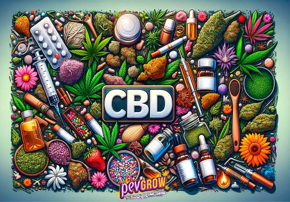 Ilustración con las letras CBD rodeadas de cogollos, hojas, frascos con cuentagotas, cápsulas, una jeringa y flores de colores.