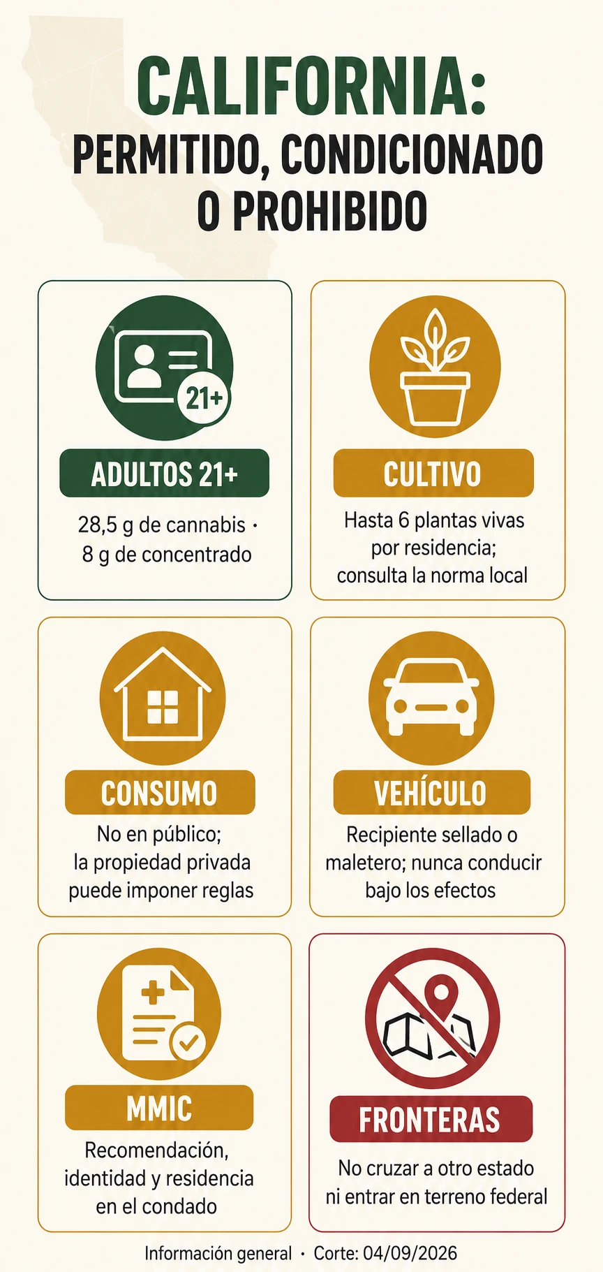 Infografía sobre cannabis en California con seis apartados: adultos, cultivo, consumo, vehículo, MMIC y fronteras. Infografía sobre cannabis en California con seis apartados: adultos, cultivo, consumo, vehículo, MMIC y fronteras.