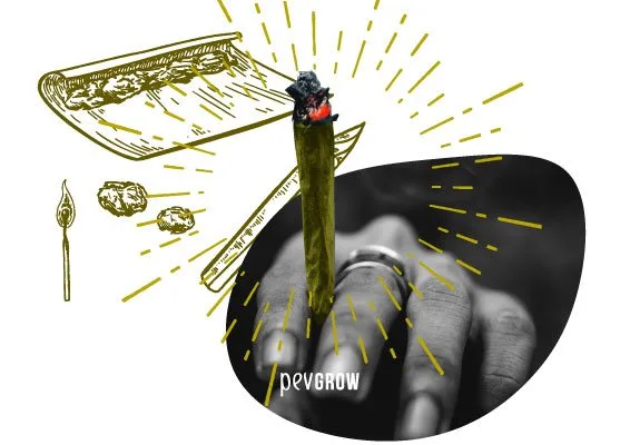 Montaje de una mano sujetando un porro encendido, con dibujos de papel de liar, cogollos y una cerilla alrededor.