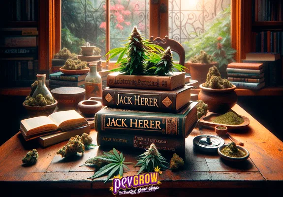 Libros apilados con el nombre Jack Herer sobre una mesa, rodeados de cogollos, hojas de cannabis y pequeños recipientes ante una ventana. Libros apilados con el nombre Jack Herer sobre una mesa, rodeados de cogollos, hojas de cannabis y pequeños recipientes ante una ventana.