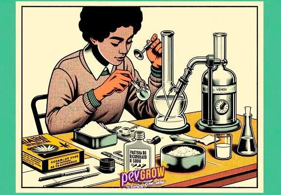 Ilustración retro de una persona manipulando una pieza de bong ante una mesa con recipientes, cepillos y dos aparatos de vidrio.