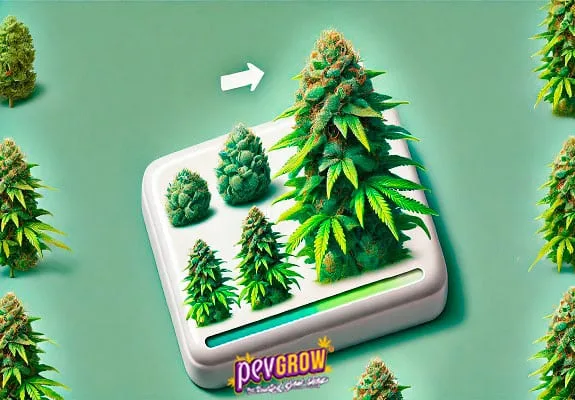 Ilustración de cogollos y plantas de cannabis de distintos tamaños sobre una plataforma blanca, con una flecha y fondo verde. Ilustración de cogollos y plantas de cannabis de distintos tamaños sobre una plataforma blanca, con una flecha y fondo verde.