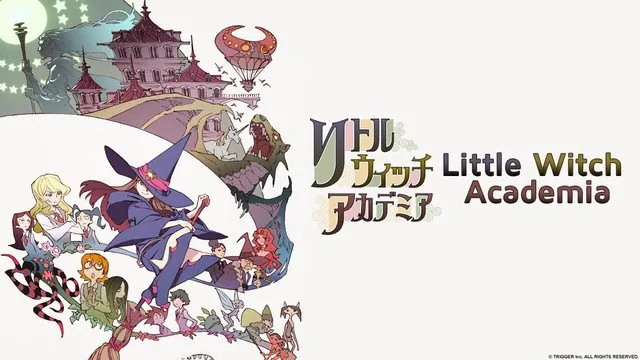 Cartel de Little Witch Academia con personajes agrupados a la izquierda, un castillo y un globo, y el título a la derecha.
