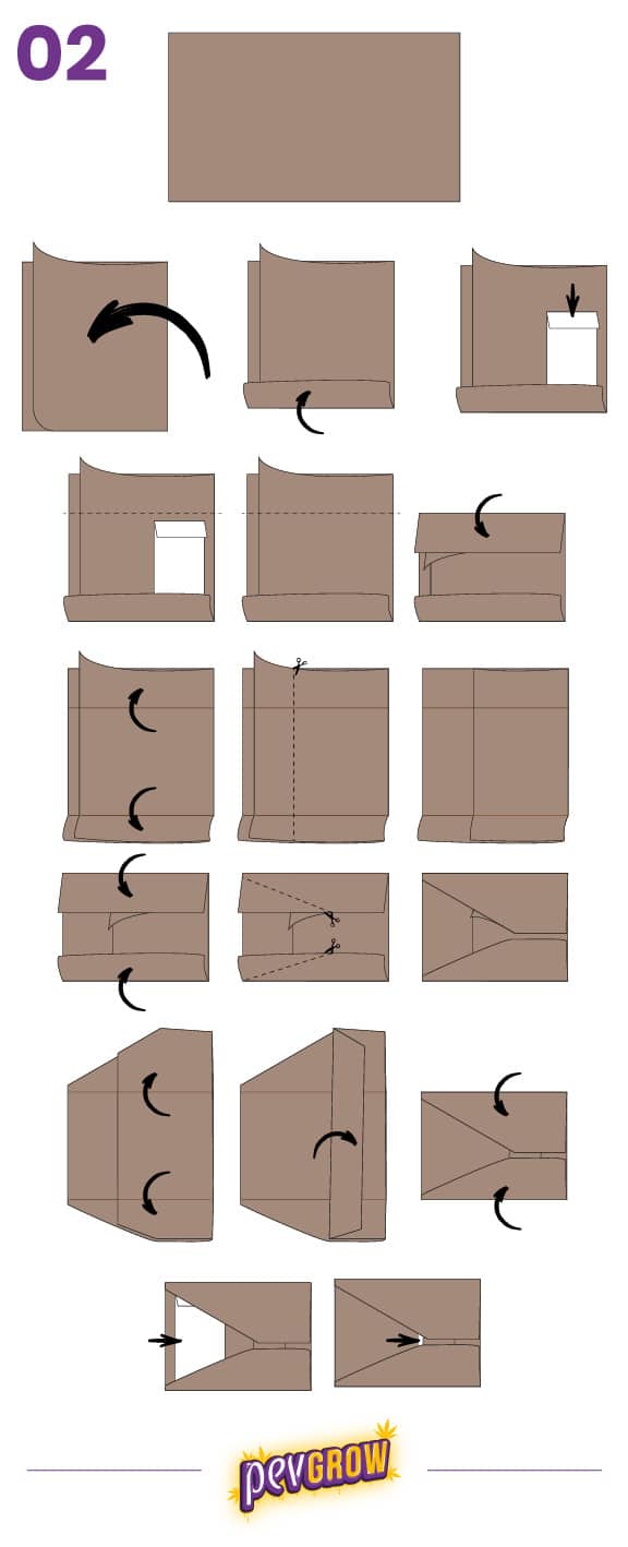 Diagrama del paso 02 con una secuencia de pliegues de una hoja marrón, flechas negras y un pequeño rectángulo blanco. Diagrama del paso 02 con una secuencia de pliegues de una hoja marrón, flechas negras y un pequeño rectángulo blanco.