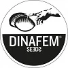 Logotipo circular de Dinafem Seeds en blanco y negro, con una semilla ilustrada arriba y el nombre en la mitad inferior.