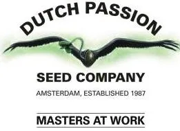 Logotipo de Dutch Passion con un ave de alas extendidas, el texto «Seed Company» y el lema «Masters at Work» sobre fondo blanco.
