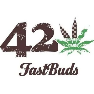 Logotipo de Fast Buds con el número 420, una hoja de cannabis con estrellas y franjas verdes y el nombre en letra cursiva. Logotipo de Fast Buds con el número 420, una hoja de cannabis con estrellas y franjas verdes y el nombre en letra cursiva.