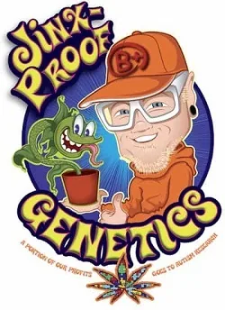 Logotipo de Jinxproof Genetics con un hombre de gorra y gafas junto a una planta sonriente en maceta y letras amarillas. Logotipo de Jinxproof Genetics con un hombre de gorra y gafas junto a una planta sonriente en maceta y letras amarillas.