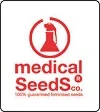 Logotipo rojo de Medical Seeds Co. con una figura blanca dentro de un círculo, sobre fondo blanco con borde negro redondeado.