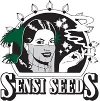 Logotipo de Sensi Seeds con una mujer ilustrada sosteniendo un cigarrillo humeante, hojas verdes y estrellas sobre el nombre.