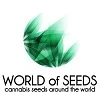 Logotipo de World of Seeds con una esfera verde facetada y trazos difuminados sobre el nombre y el lema «cannabis seeds around the world».