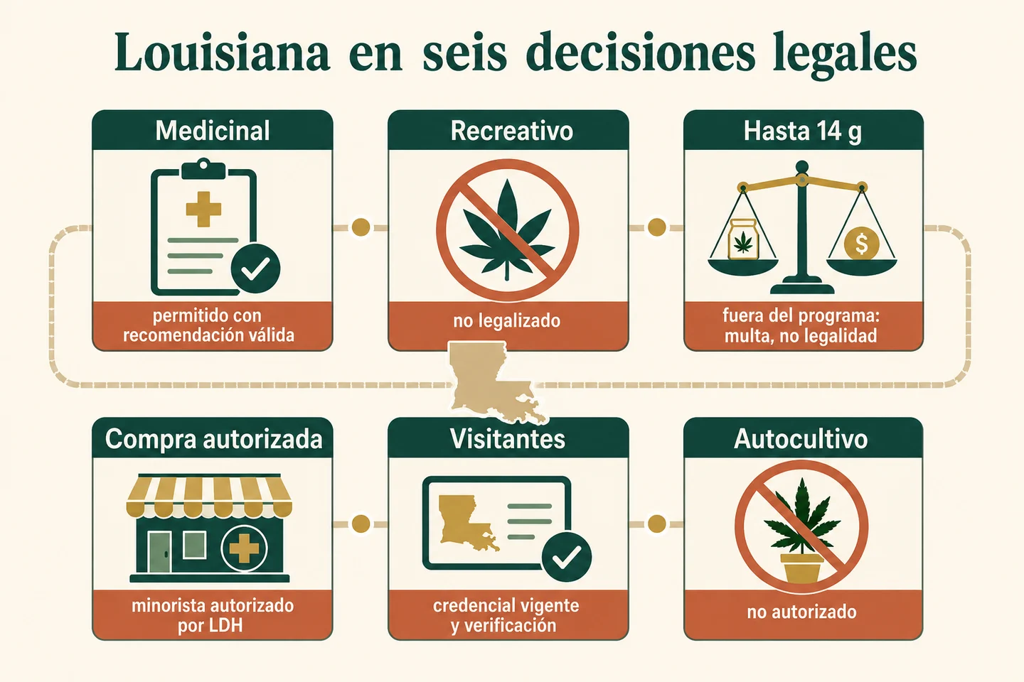 Infografía sobre cannabis en Louisiana con seis apartados: medicinal, recreativo, posesión, compra, visitantes y autocultivo.