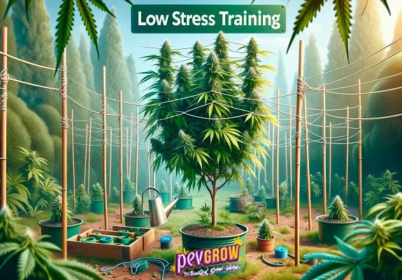 Ilustración de una planta de cannabis en maceta entre tutores y cuerdas, con el rótulo «Low Stress Training».