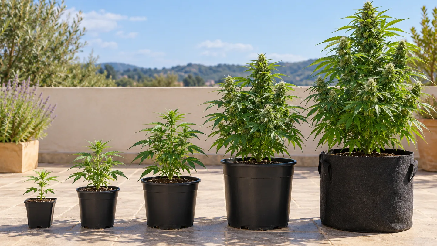 Cinco plantas de cannabis de menor a mayor tamaño en macetas cada vez más grandes, la última de tela, en una terraza soleada