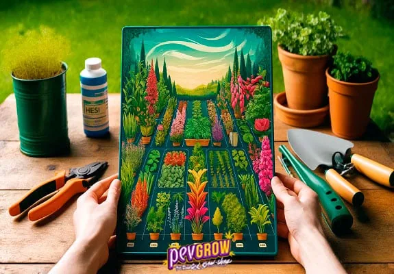 Dos manos sostienen una lámina ilustrada de un jardín sobre una mesa con macetas, tijeras y herramientas de jardinería. Dos manos sostienen una lámina ilustrada de un jardín sobre una mesa con macetas, tijeras y herramientas de jardinería.