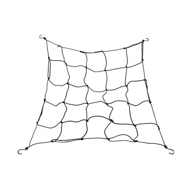 Malla negra de cultivo con huecos cuadrados y cuatro ganchos en las esquinas, extendida sobre fondo blanco. Malla negra de cultivo con huecos cuadrados y cuatro ganchos en las esquinas, extendida sobre fondo blanco.