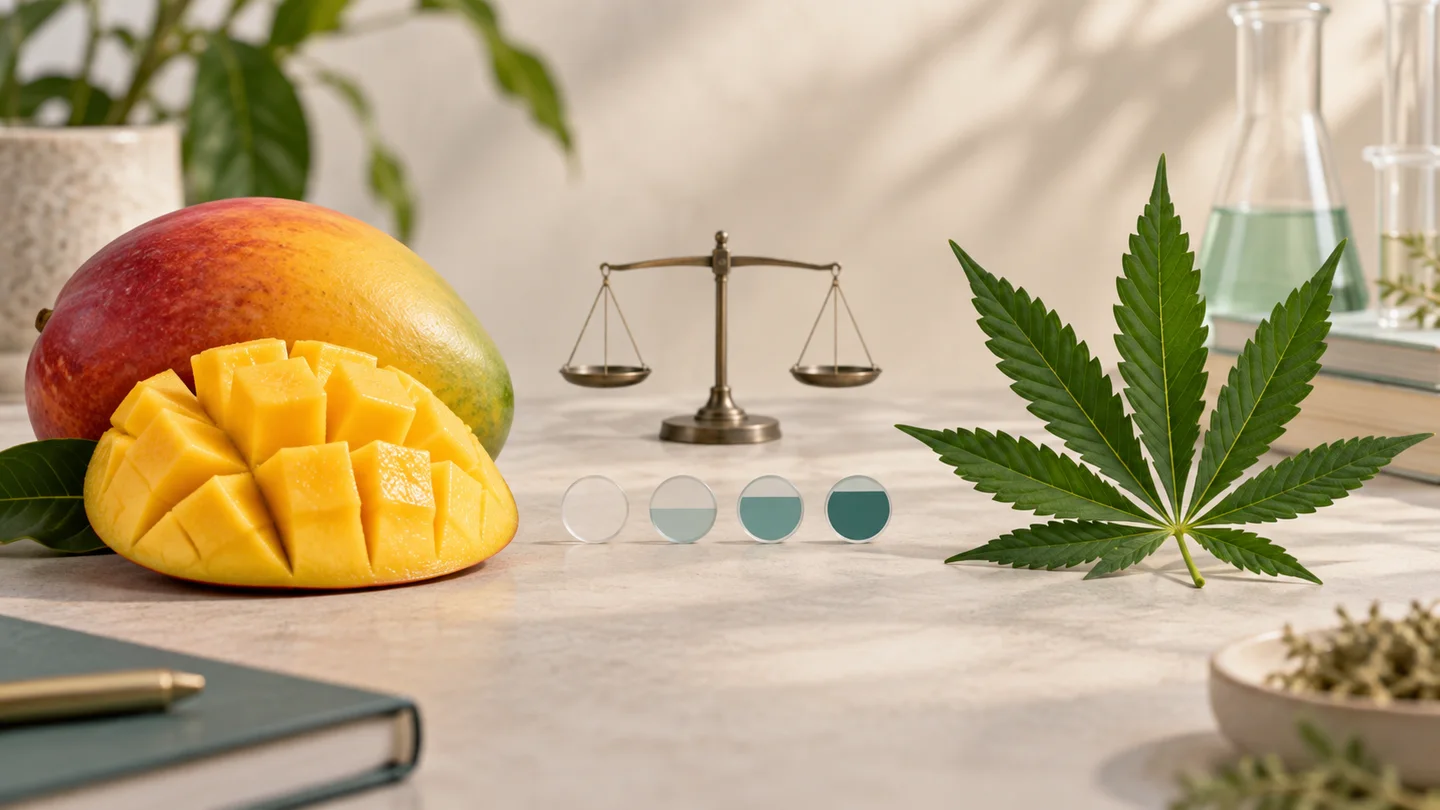 Mango entero y cortado junto a una hoja de cannabis, con una balanza al fondo y recipientes de laboratorio. Mango entero y cortado junto a una hoja de cannabis, con una balanza al fondo y recipientes de laboratorio.