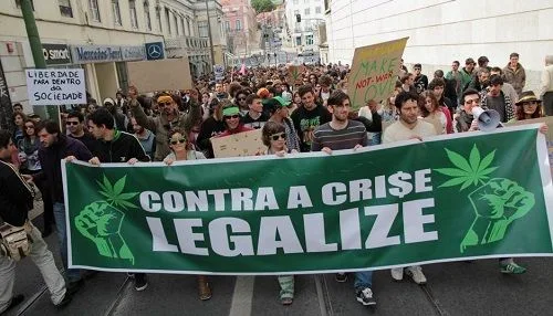 Manifestación callejera con una pancarta verde que dice «Contra a crise legalize», decorada con hojas de cannabis y puños. Manifestación callejera con una pancarta verde que dice «Contra a crise legalize», decorada con hojas de cannabis y puños.