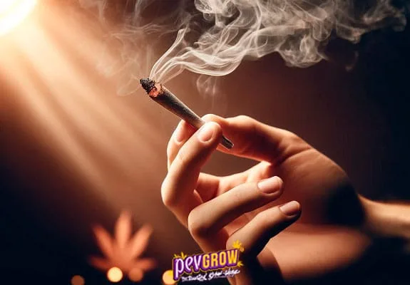 Una mano sostiene un porro encendido del que ascienden volutas de humo, con luz cálida lateral y fondo oscuro.
