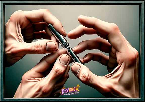 Ilustración de varias manos separando las piezas de un vape cilíndrico oscuro, con el logotipo de Pevgrow en la parte inferior. Ilustración de varias manos separando las piezas de un vape cilíndrico oscuro, con el logotipo de Pevgrow en la parte inferior.