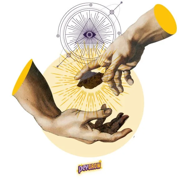 Collage de dos manos con un fragmento de hachís entre ellas, rayos amarillos y un ojo dentro de un triángulo sobre fondo blanco. Collage de dos manos con un fragmento de hachís entre ellas, rayos amarillos y un ojo dentro de un triángulo sobre fondo blanco.