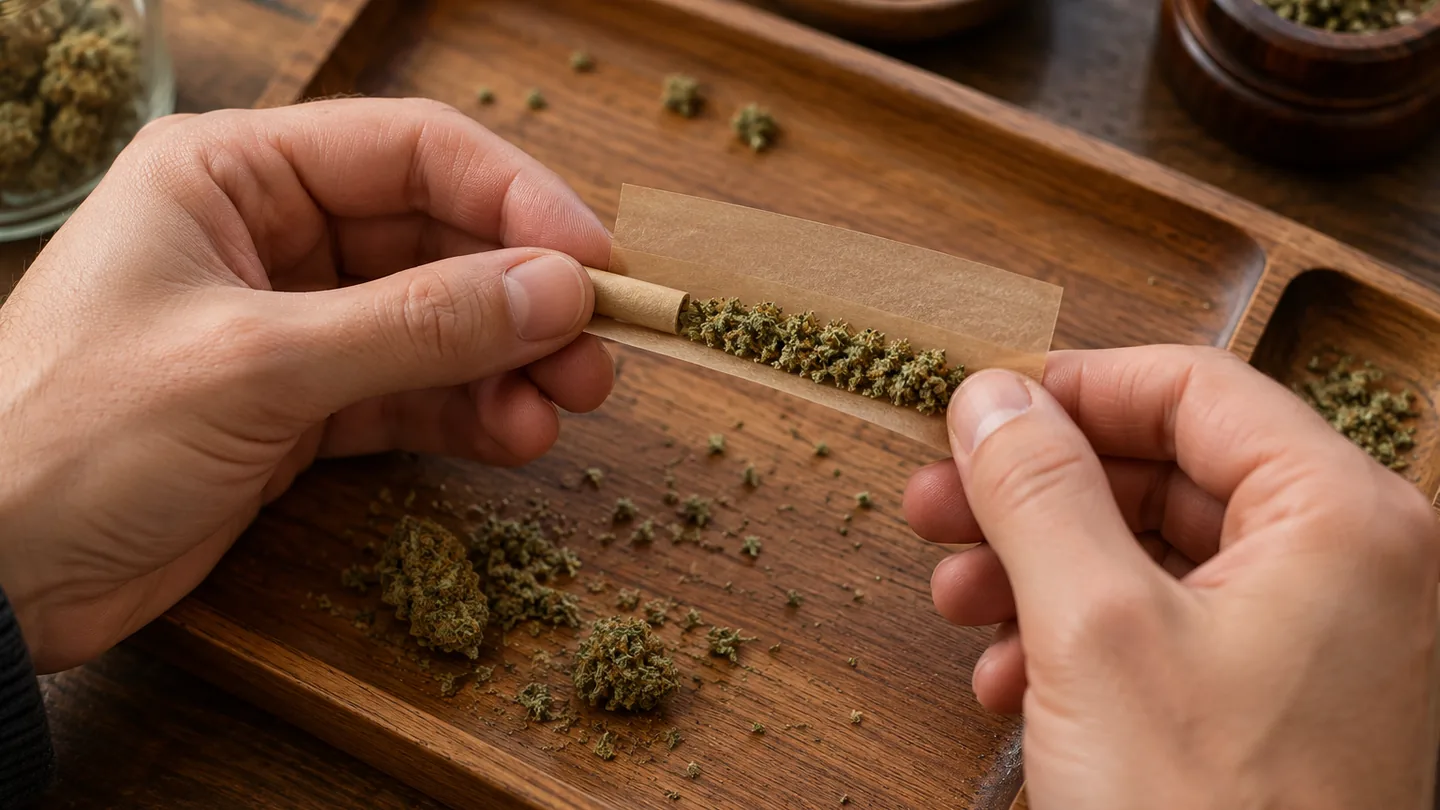 Manos liando un cigarrillo con papel sin blanquear y un filtro de cartón sobre una bandeja de madera Manos liando un cigarrillo con papel sin blanquear y un filtro de cartón sobre una bandeja de madera