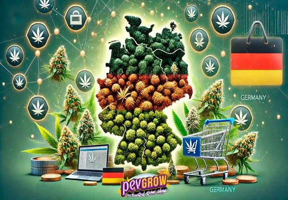 Composición ilustrada con un mapa de Alemania formado por cogollos, plantas de cannabis, un carrito de compra, un portátil y banderas alemanas.