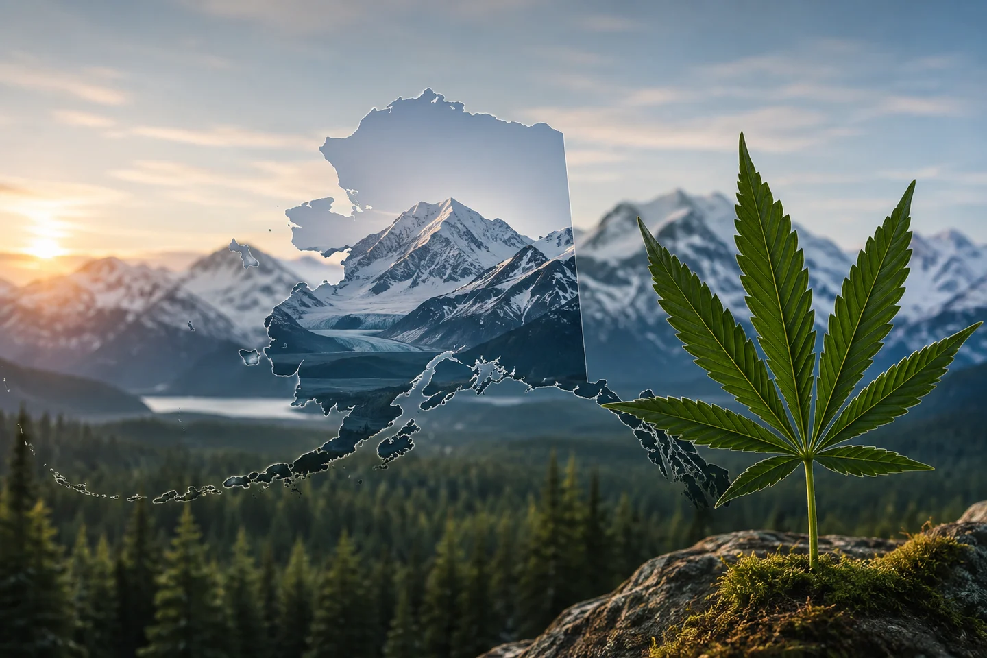 Montaje del mapa de Alaska sobre montañas nevadas y un bosque al atardecer, con una hoja de cannabis sobre una roca en primer plano.