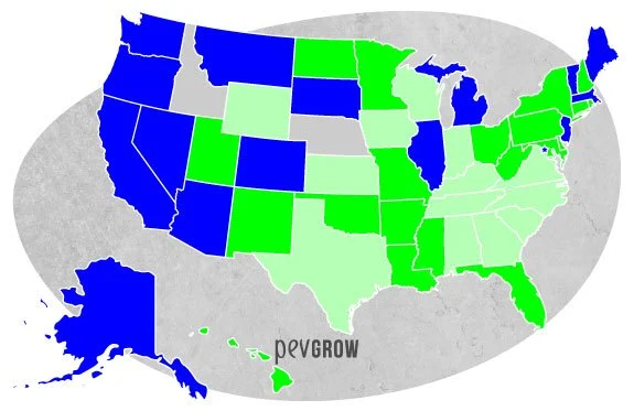 Mapa de Estados Unidos con los estados diferenciados en azul, verde intenso, verde claro y gris, sin leyenda visible. Mapa de Estados Unidos con los estados diferenciados en azul, verde intenso, verde claro y gris, sin leyenda visible.