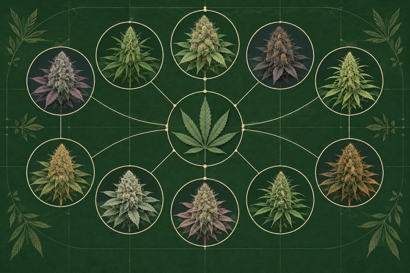 Composición de diez cogollos de cannabis en círculos conectados a una hoja central sobre fondo verde oscuro.