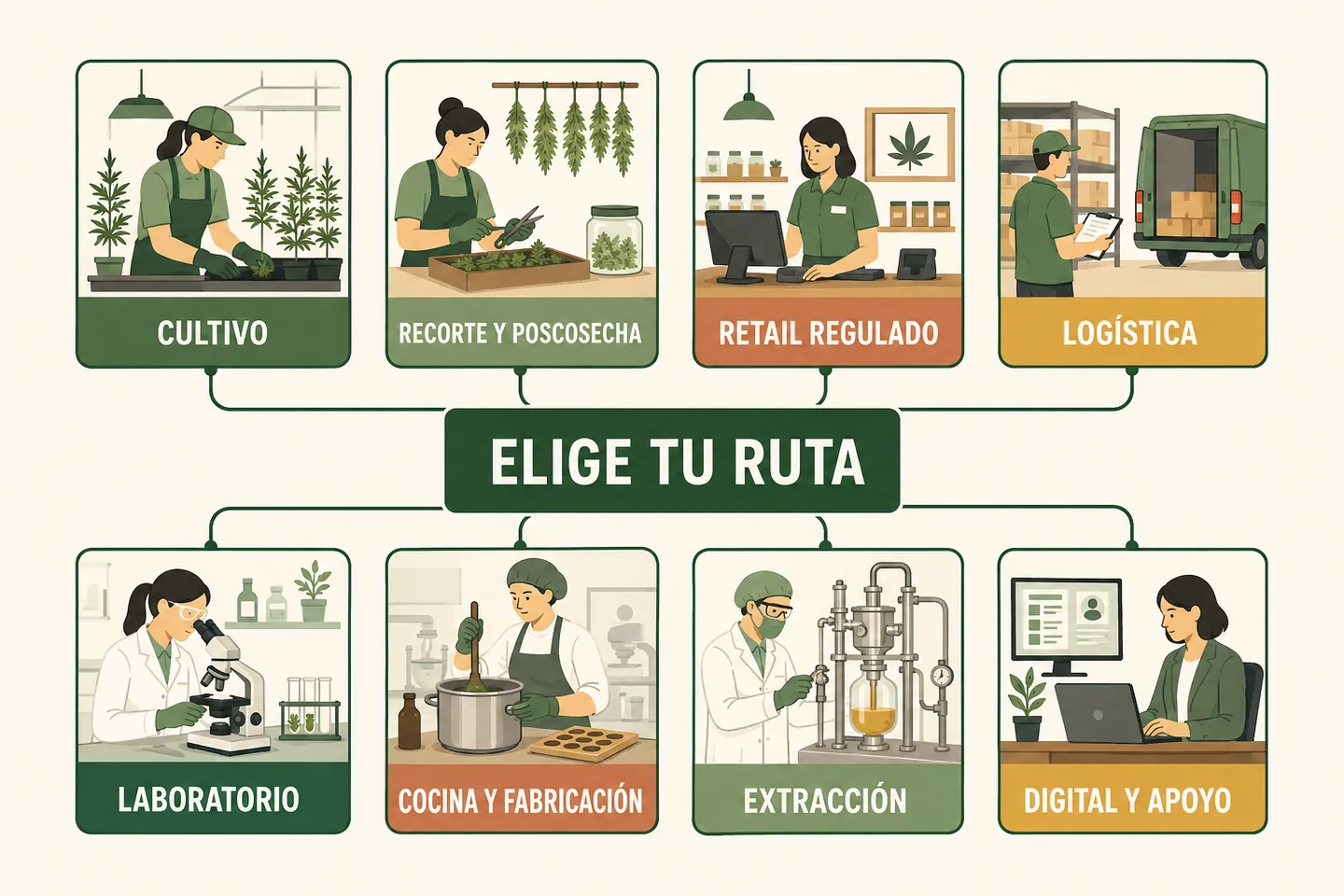Infografía «Elige tu ruta» con ocho áreas profesionales del cannabis, ilustradas con escenas de cultivo, comercio, laboratorio y otros trabajos.
