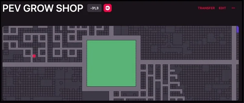 Mapa de parcelas virtuales con el rótulo PEV GROW SHOP, un marcador rosa a la izquierda y una gran zona verde central. Mapa de parcelas virtuales con el rótulo PEV GROW SHOP, un marcador rosa a la izquierda y una gran zona verde central.