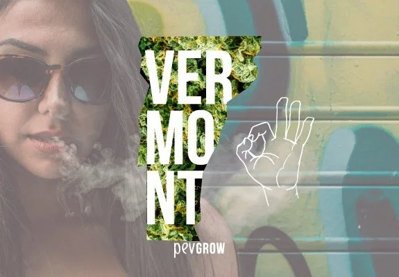 Silueta de Vermont rellena de cogollos y rotulada con su nombre, junto a una mujer con gafas que exhala humo y una mano dibujada. Silueta de Vermont rellena de cogollos y rotulada con su nombre, junto a una mujer con gafas que exhala humo y una mano dibujada.