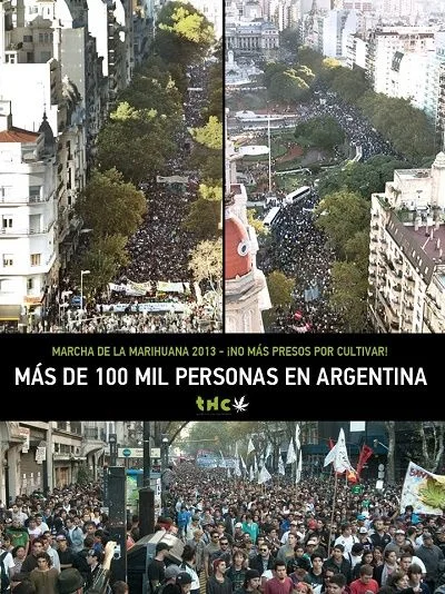 Collage de multitudes en la Marcha de la Marihuana de 2013, con el texto «Más de 100 mil personas en Argentina».
