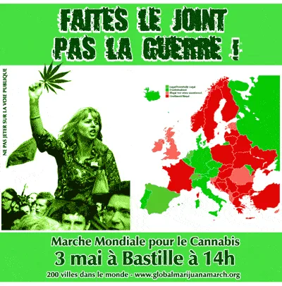 Cartel verde de la Marcha Mundial por el Cannabis con una mujer alzando una hoja, un mapa de Europa y la convocatoria en Bastilla.