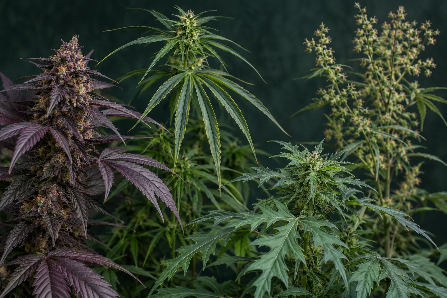 Varias plantas de cannabis con rasgos distintos: cogollos y hojas moradas, hojas verdes estrechas y otras profundamente lobuladas.